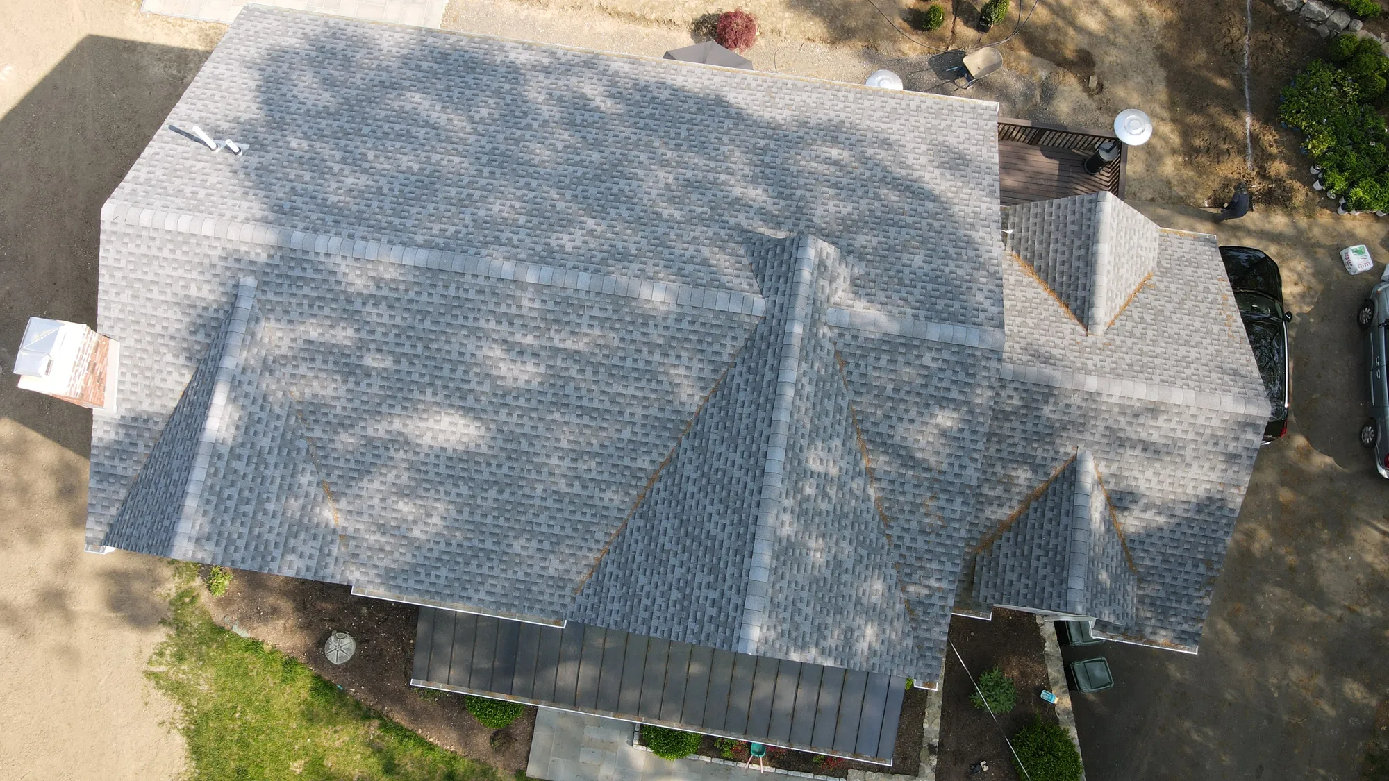 Overhead drone view of completed GAF shingle roof in Fairfield County CT