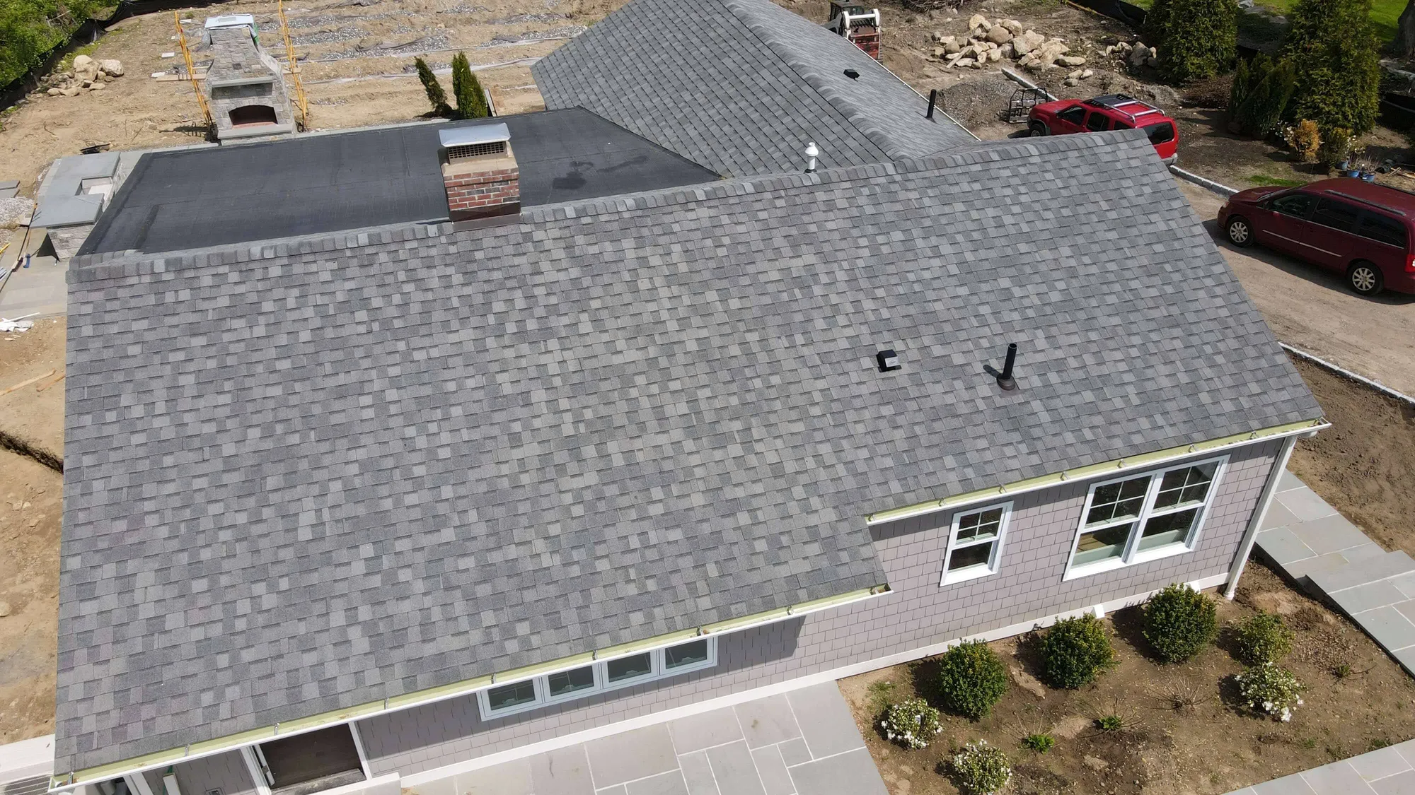 Completed roof replacement in Ridgefield CT, aerial drone view
